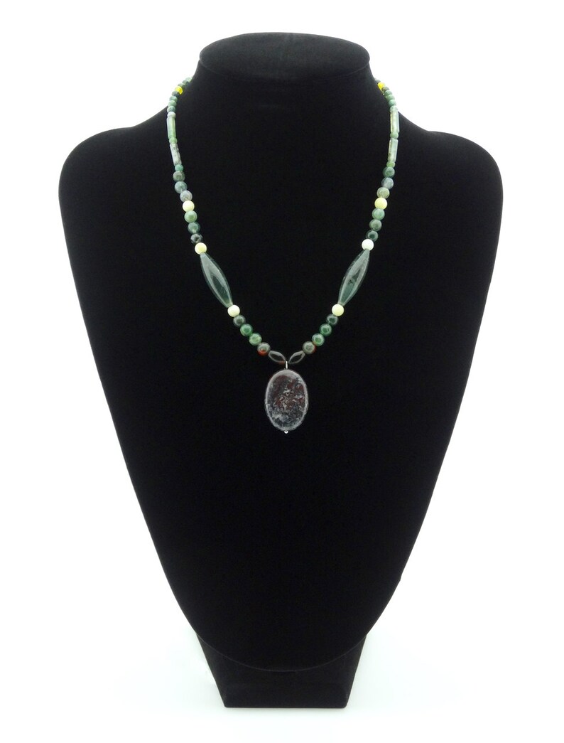 Soocho Jade Jasper and Indian Agate Necklace Jasper and Moss Agate Necklace Canadian Art Necklace Tridacna Jasper and Jade Necklace