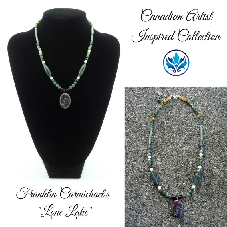 Soocho Jade Jasper and Indian Agate Necklace Jasper and Moss Agate Necklace Canadian Art Necklace Tridacna Jasper and Jade Necklace