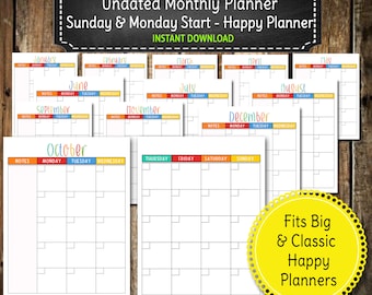 Undated Monthly Calendar Printable, Big & Classic Happy Planner (Digital Download)
