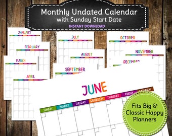 Monthly Undated Planner | Sunday Start Date | Letter Size | Printable | Big Happy and Classic Planner Inserts | Mambi | INSTANT  DOWNLOAD