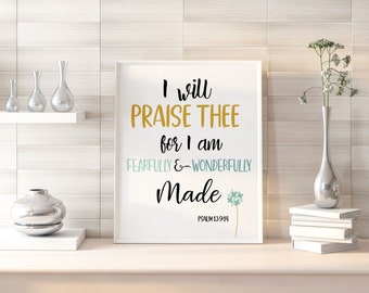 WALL ART | Printable Bible Verse | Psalm 139:14 | I am fearfully and wonderfully made | KJV | Inspirational Quote | Housewarming, Wall Art
