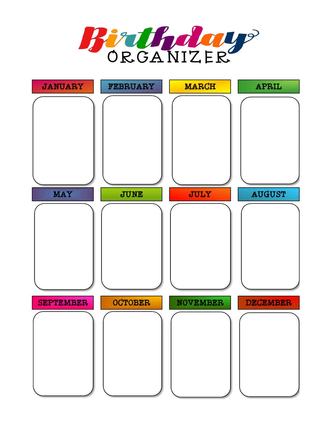 Colorful Rainbow Birthday List Organizer Insert PRINTABLE Birthday Card ...