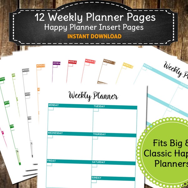Planificador de páginas semanales IMPRIMIBLES / Inserción de planificador feliz grande y clásico / Carta / Planificador diario / 12 páginas de colores brillantes - DESCARGA INSTANTÁNEA