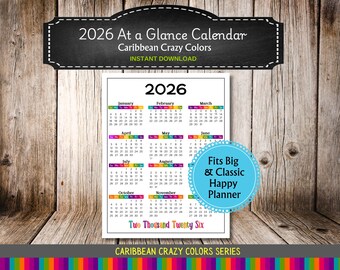 2026 At a Glance Calendar - Caribbean Crazy Colors Printable for Big & Classic Happy Planners
