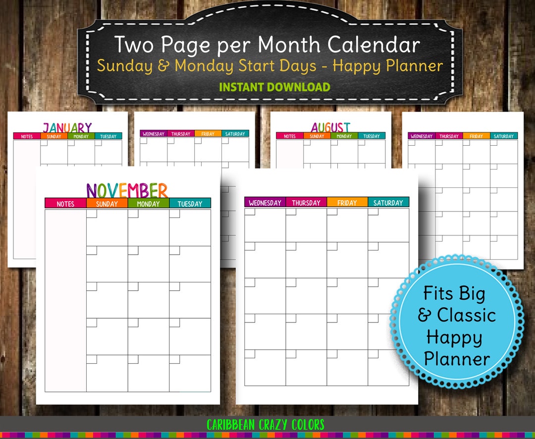Undated Two Page Monthly Sunday and Monday Start Calendar PRINTABLE ...