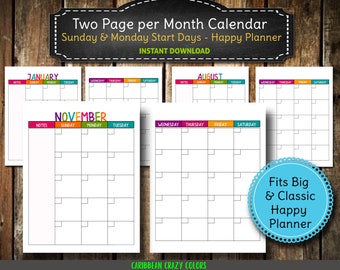 Undated Two Page Monthly Sunday and Monday Start Calendar PRINTABLE  / Mambi  Inserts / Big & Classic Happy Planner   INSTANT  DOWNLOAD