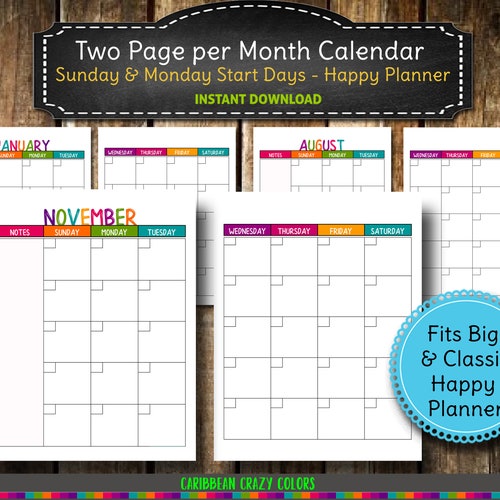 Undated Two Page Monthly Sunday and Monday Start Calendar | Etsy