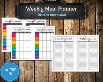 A5 Weekly Menu Planner & Shopping List Printable – Bright and Bold (Instant Download)