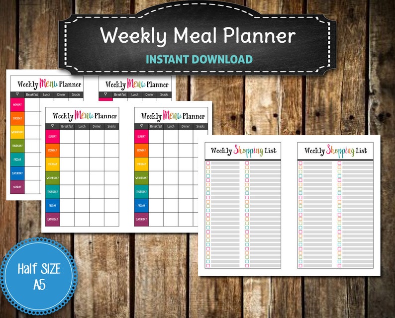 bold and bright a5 weekly menu planner grocery list etsy