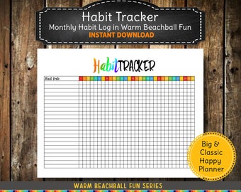 PRINTABLE Habit Tracker | Monthly Habit Tracker, Daily Habit Tracker, Goal Planner, Habit Log | Big & Classic Happy Planner WARM Beachball