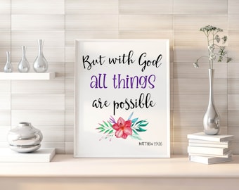WALL ART | Printable Bible Verse  | But with God All things are possible | KJV | Inspirational Quote | Home Decor | Bathroom Art | Print