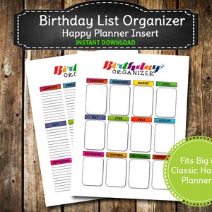 Bunter Regenbogen Geburtstagsliste Organizer | Geburtstag Karte Karte zum Ausdrucken |  Groß & Klassisch Happy Planer Einlage | SOFORTIGER DOWNLOAD