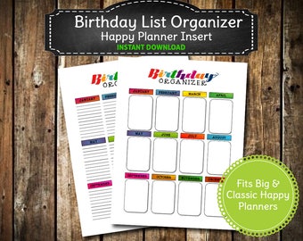 Colorful Rainbow Birthday List Organizer Insert | PRINTABLE Birthday Card Planner |  Big & Classic Happy Planner Insert | INSTANT  DOWNLOAD