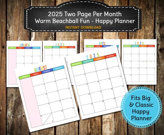 2025 Monthly Planner Inserts | Beachball Design, Big & Classic Happy Planner (Digital Download)