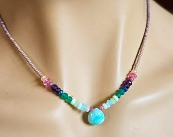 Layering rainbow gemstone Necklace with seed beads, Everyday Necklace,  multigemstone necklace, Ombre sundance