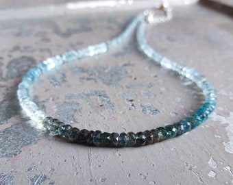 Aquamarine Ombre Necklace, March Birthstone Necklace, Stackable Beaded, Blue Shaded Necklace, Moss Aquamarine, Ombre Stone, Moss Aquamarine