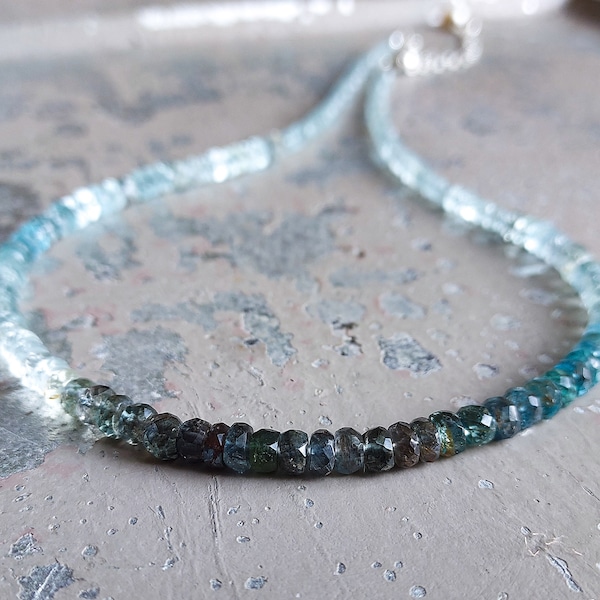 Aquamarine Ombre Necklace, March Birthstone Necklace, Stackable Beaded, Blue Shaded Necklace, Moss Aquamarine, Ombre Stone, Moss Aquamarine