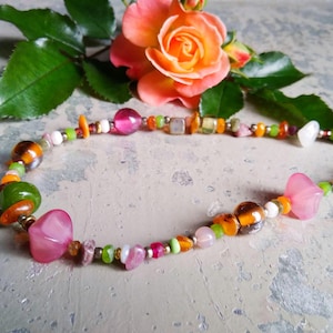 Green pink brown necklace, colorful bohemian, Summer Outdoors, unique feminine, Summer gemstone , spring, Sundance beaded, Sundance colorful