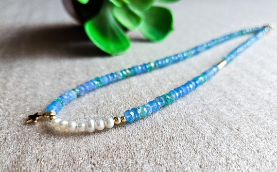 Unique blue necklace, blue gemstone necklace, Opal and Pearl, Star Opal necklace, One-of-a-kind, Welo Opal necklace, stylish gemstone