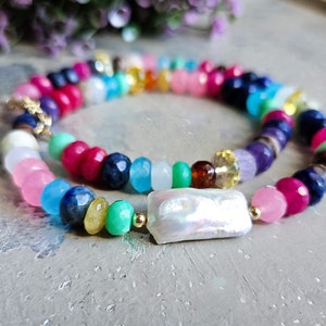 Gold Layering, Rainbow gemstone Necklace, Rainbow Necklace with pearl, Long Rainbow, beaded  Boho, multigemstone necklace, stone,Vibrant