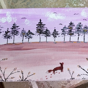Small Original Painting, Original Nature Painting, Small Acrilic Picture, Fox Forest Painting, Miniature Original Nature Painting, Cottage