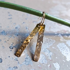 Gold Filled Earrings, Handmade Dangle, Botanical Long, Gold leaf earring, Unique Botanical Dangle, Long Bar Hammered, Artisian Dangle,