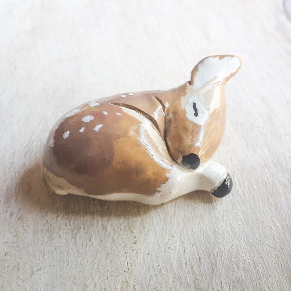 Polymer Clay Doe, Little Clay Fawn, Handmade Clay Animal, Woodland Animal, Doe Totem, Cottage Decor, Animal Collectable, Nature Lover Gift