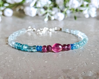 Gemstone and Silver bracelet, Multigemstone Bracelet, Stackable Beaded, Pink Blue , Sapphire Apatite ,  Faceted Stone, Berry Beaded, Vibrant