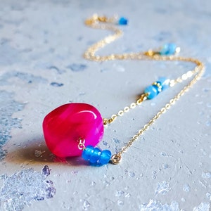 Multigemstone necklace, vibrant gemstone necklace, Hot Pink Necklace, dainty stone, Sundance necklace, Unique Bar,  multistone, summer neckl