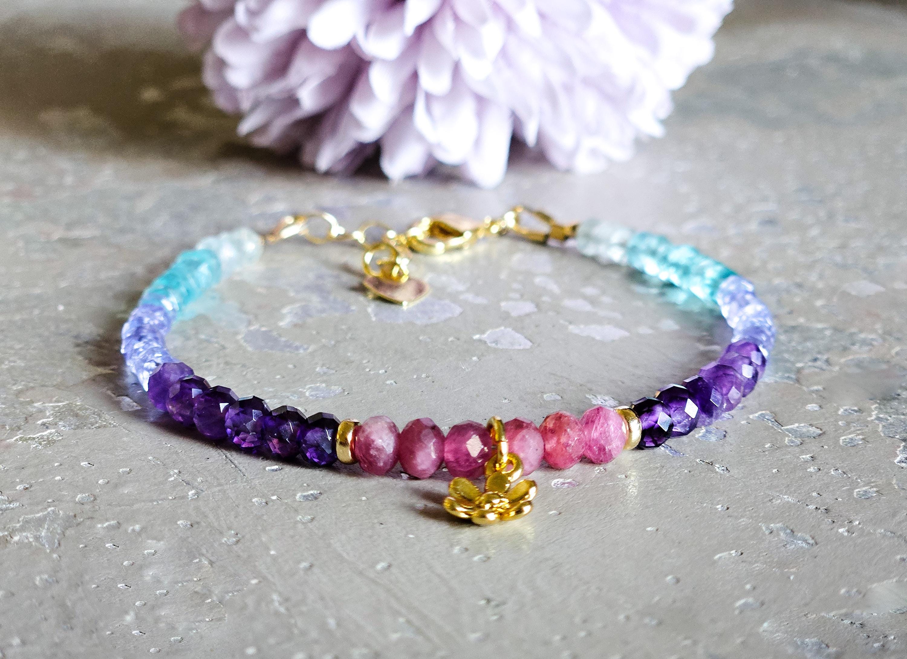 レインボーブレスレット、オンブレピンクブルー、チャクラブレスレット