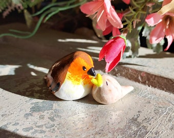 Mom Bird Figurine,  Bird set ornament, Clay Bird,  Mom and Young Clay Bird, bird collectable, unique bird, Little Clay Bird, Bird lover gift