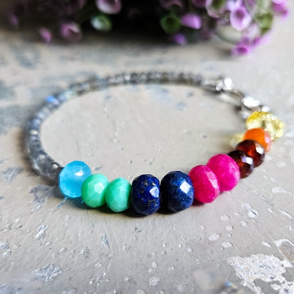 Rainbow Bracelet, Rainbow Beaded, Chakra Bracelet, Colorful Stone, Ombre Beaded, Dainty Stacking, Faceted Bracelet, multi stone, Vibrant