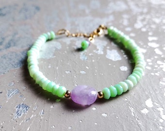 April Birthstone Bracelet, Green Purple Beaded, Green Opal Bracelet, Colorful Stone, Opal Amethyst Beaded, Spring Stacking,Spring Bracelet