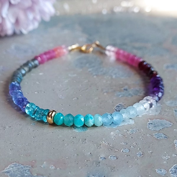 Solid Rainbow Bracelet, Solid Gold Rainbow, Chakra Bracelet, Colorful Stone, Ombre Beaded, Dainty Stacking, Faceted Bracelet, multi stone