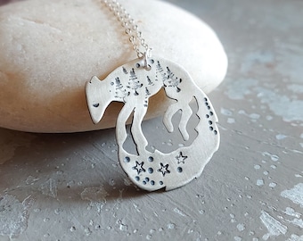 Fox Spirit Necklace, Star Gazing Fox, Fox Necklace, Fox Lover Gift, Woodland Godess , Silver leaping Fox pendant, Unique Handmade, Woodland