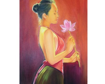 woman oil painting on canvas, Elegand woman red  themed painting, chinese woman