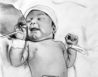 Baby loss portrait, drawing of family, infant loss, custom charcoal sketch, Newborn angel baby loss