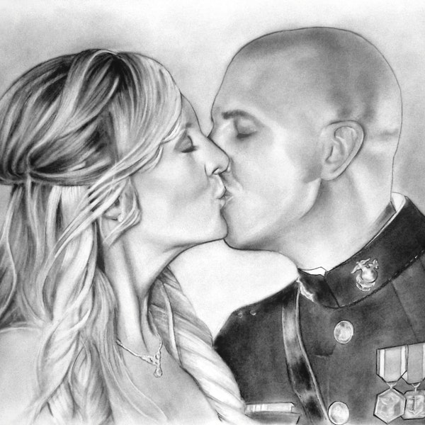 Cadeau du corps des Marines, cadeaux de mariage pour épouse, peinture de couple à partir d’une photo, cadeau personnalisé de petite amie de la marine, portrait au fusain personnalisé, USMC