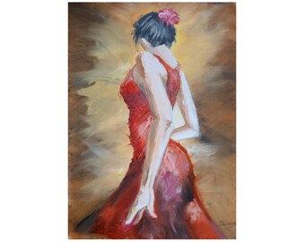 Original Oil Painting Flamenco Dancer Large Canvas Art Latin Woman Dancing Red 20"x27"