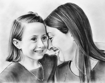 Cadeau d’anniversaire pour maman de fille, cadeau de maman personnalisé, cadeau de fête des mères, croquis de portrait de famille, dessin au fusain