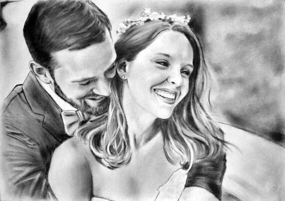 Custom Charcoal Drawing From Photo, Hand Drawn Portrait for Couple