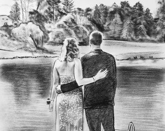 Wife Paper anniversary, Gift for Her,  Custom Portrait Drawing, Pencil sketch, Wedding gift, Charcoal sketch