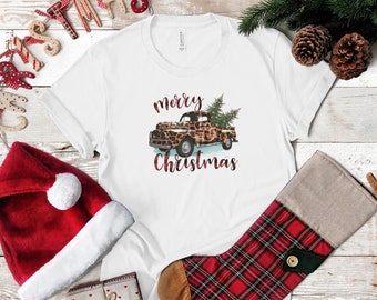 Christmas Leopard Truck Shirt, Xmas T-Shirt, Leopard Christmas Tree Shirt, Farmhouse Christmas Tee, Vintage Christmas Shirt, Xmas Party T
