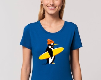 T-Shirt Frauen Pinguin surfen Surfbrett T-Shirt