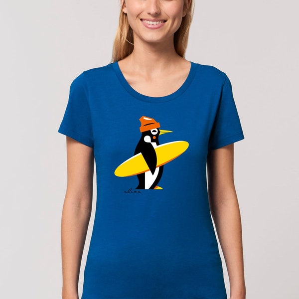 T-Shirt Frauen Pinguin surfen Surfbrett T-Shirt