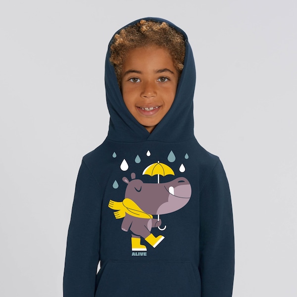 Hippo in the Rain Hoody Kids Jungs Mädchen Nilpferd Hippo Regenschirm