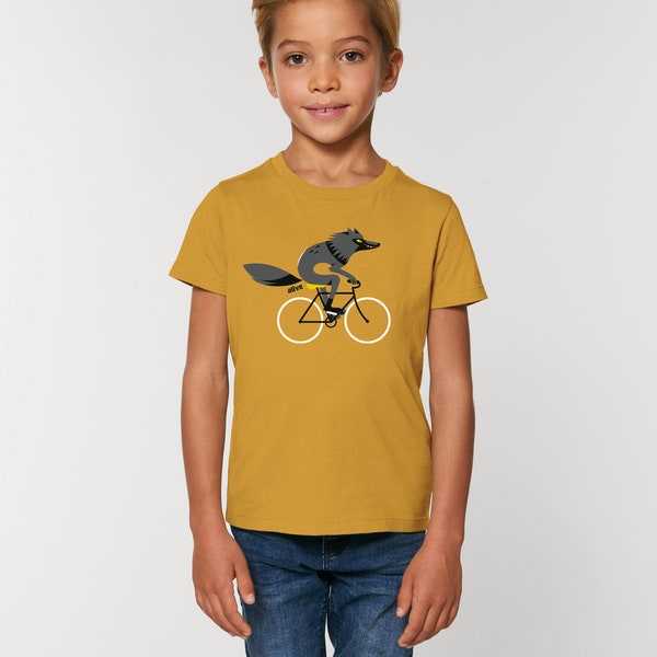 Kinder T-Shirt Wolf Fahrrad Senfgelb Kids Wolf T-Shirt