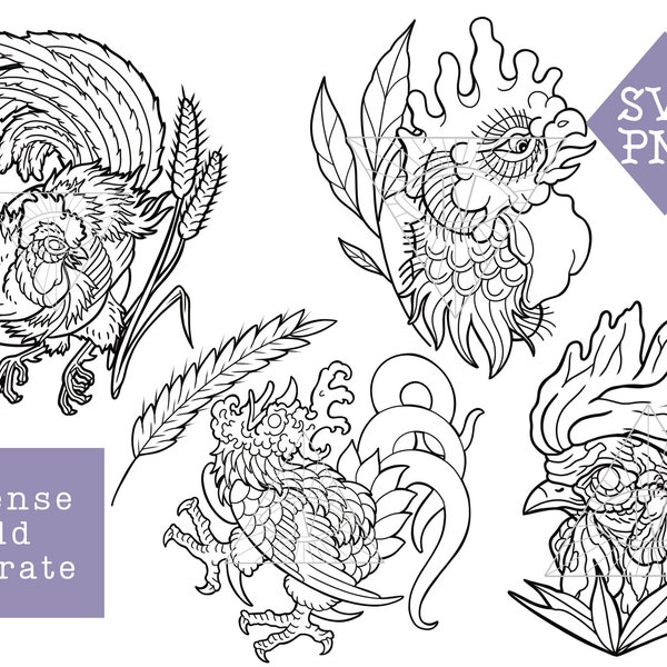 Traditional Tattoo Rooster Goth SVG/PNG Files Bundle