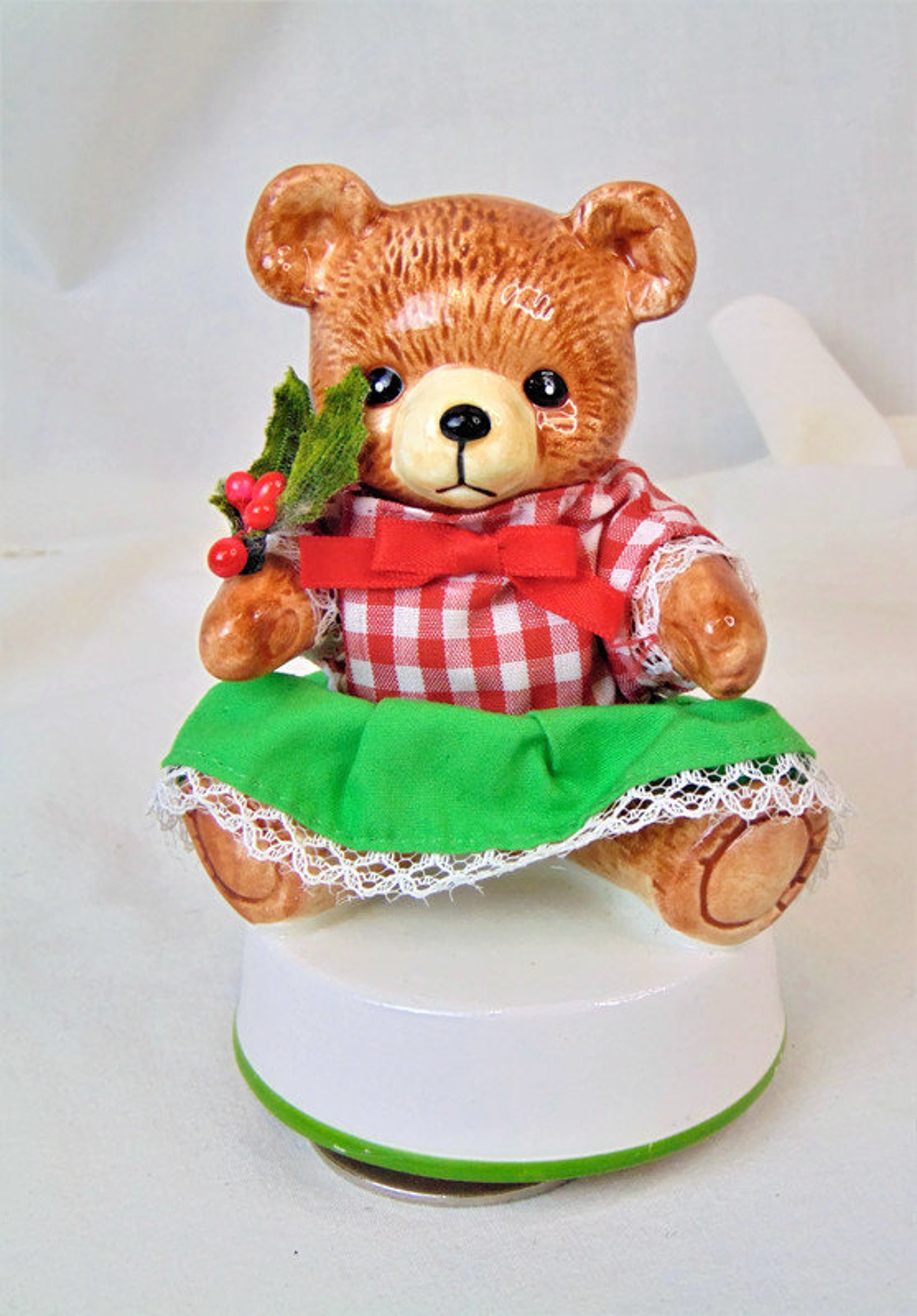 Musical Christmas Teddy Bear Figurine Rotating Music Box Etsy