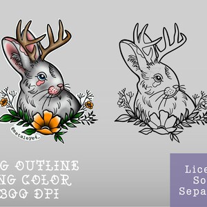 Jackalope Sublimation PNG Digital Design | Bunny Rabbit Vinyl Sticker Files Easter Clipart | Tattoo Flash Art